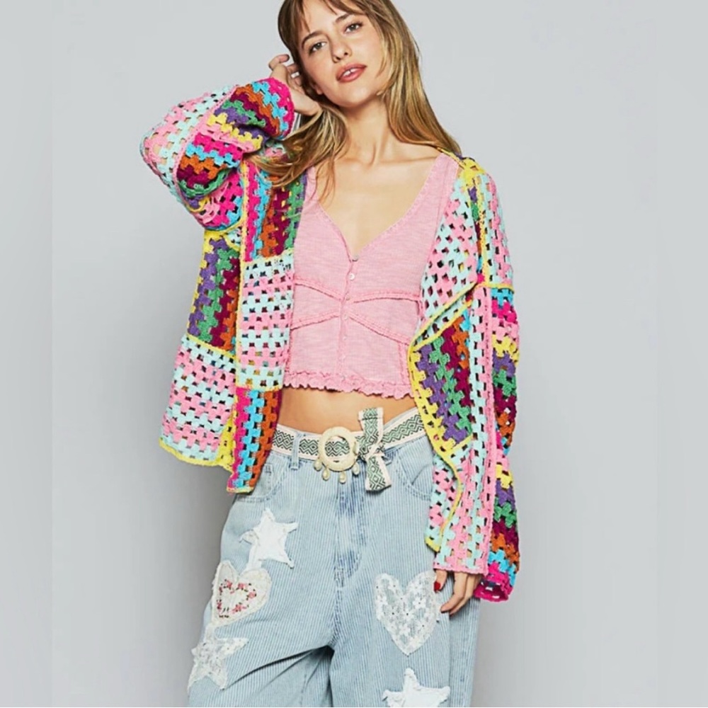 Pink Granny Square Crochet Patchwork Cardigan Swe… - image 2